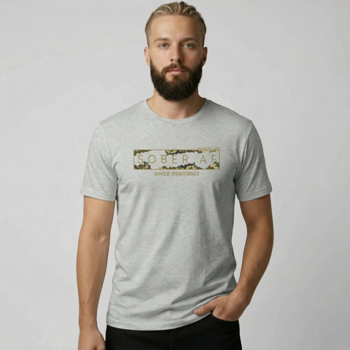 Sober AF Camo Sober T Shirt flat lay styled image (view 33)