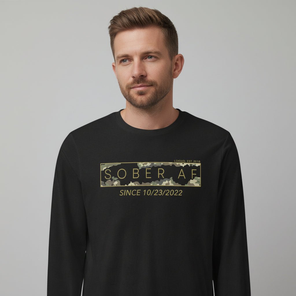 Men's Sober AF Camo Long Sleeve T-shirt with Custom Sobriety Date