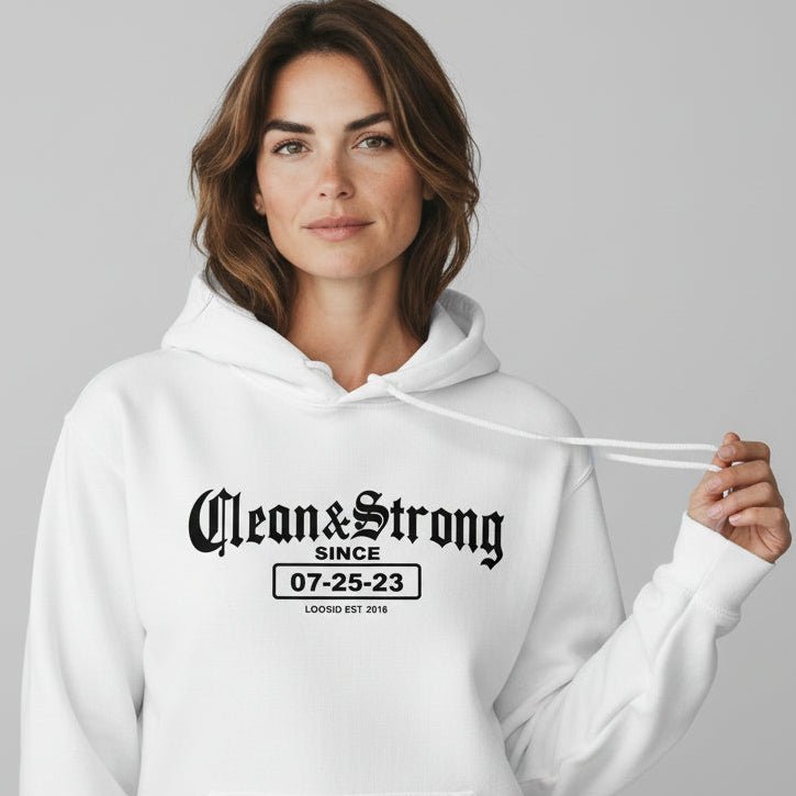 Recovery Hoodie | Women’s Old School Clean & Strong Hoodie with Custom Date