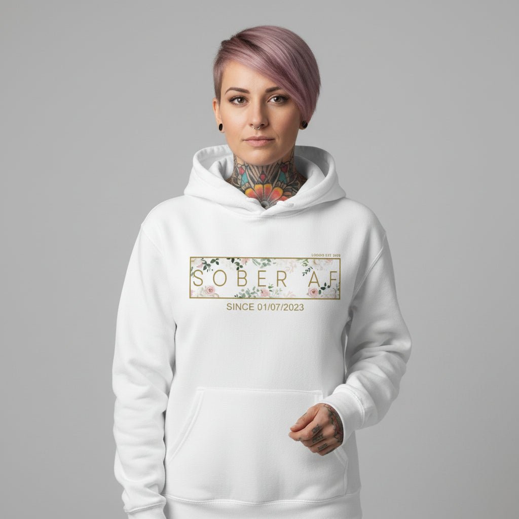 Recovery Hoodie | Women's Sober AF Flower Hoodie with Custom Date