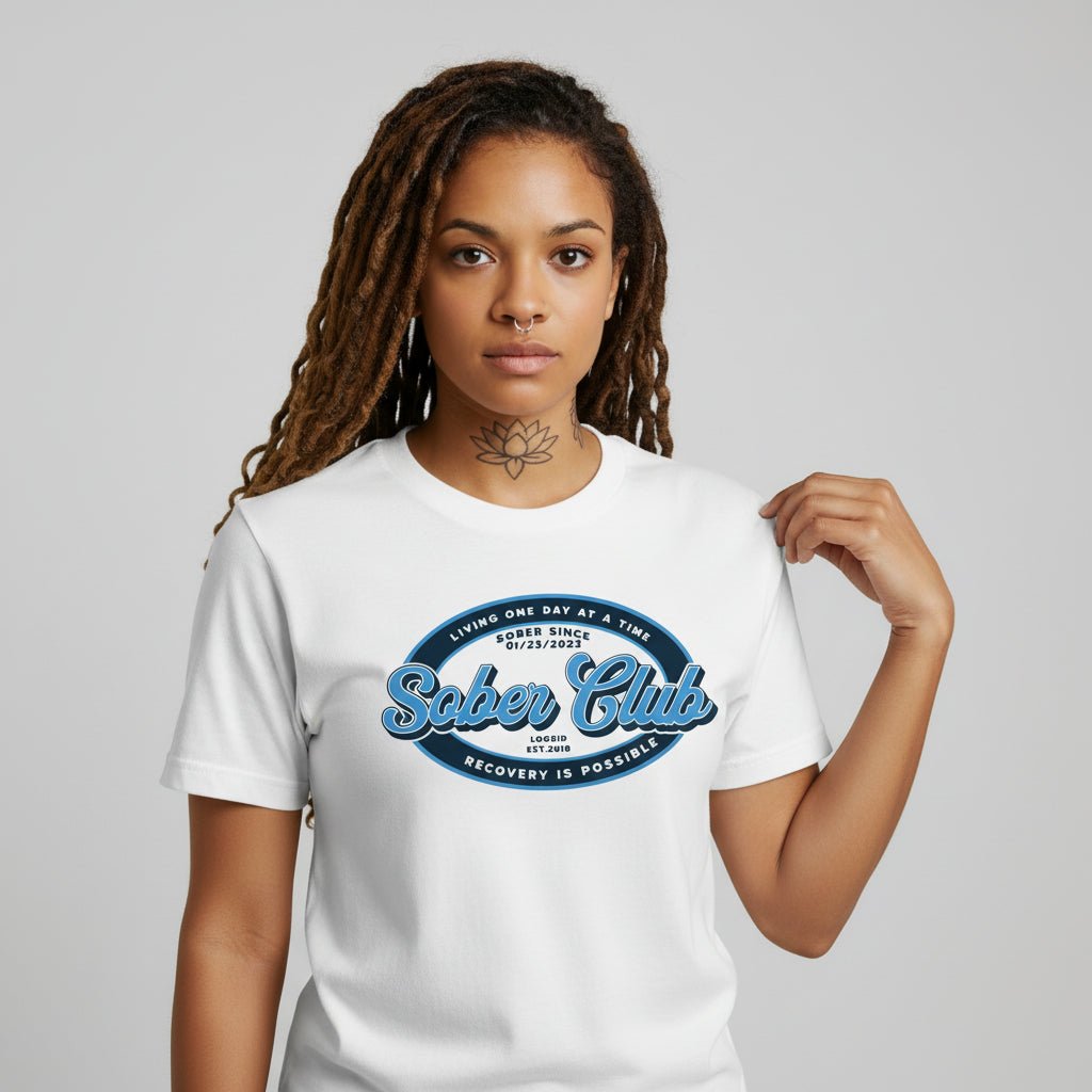 Women's Sober Club Badge T-shirt with Custom Sobriety Date