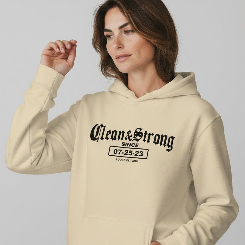 Recovery Hoodie | Women’s Old School Clean & Strong Hoodie with Custom Date