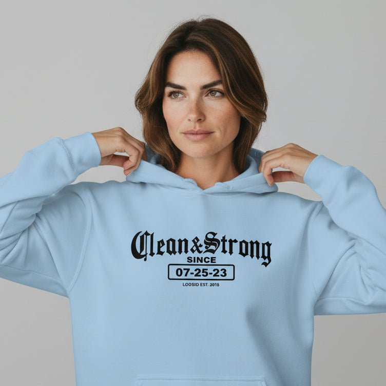 Recovery Hoodie | Women’s Old School Clean & Strong Hoodie with Custom Date