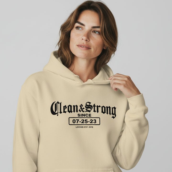 Recovery Hoodie | Women’s Old School Clean & Strong Hoodie with Custom Date