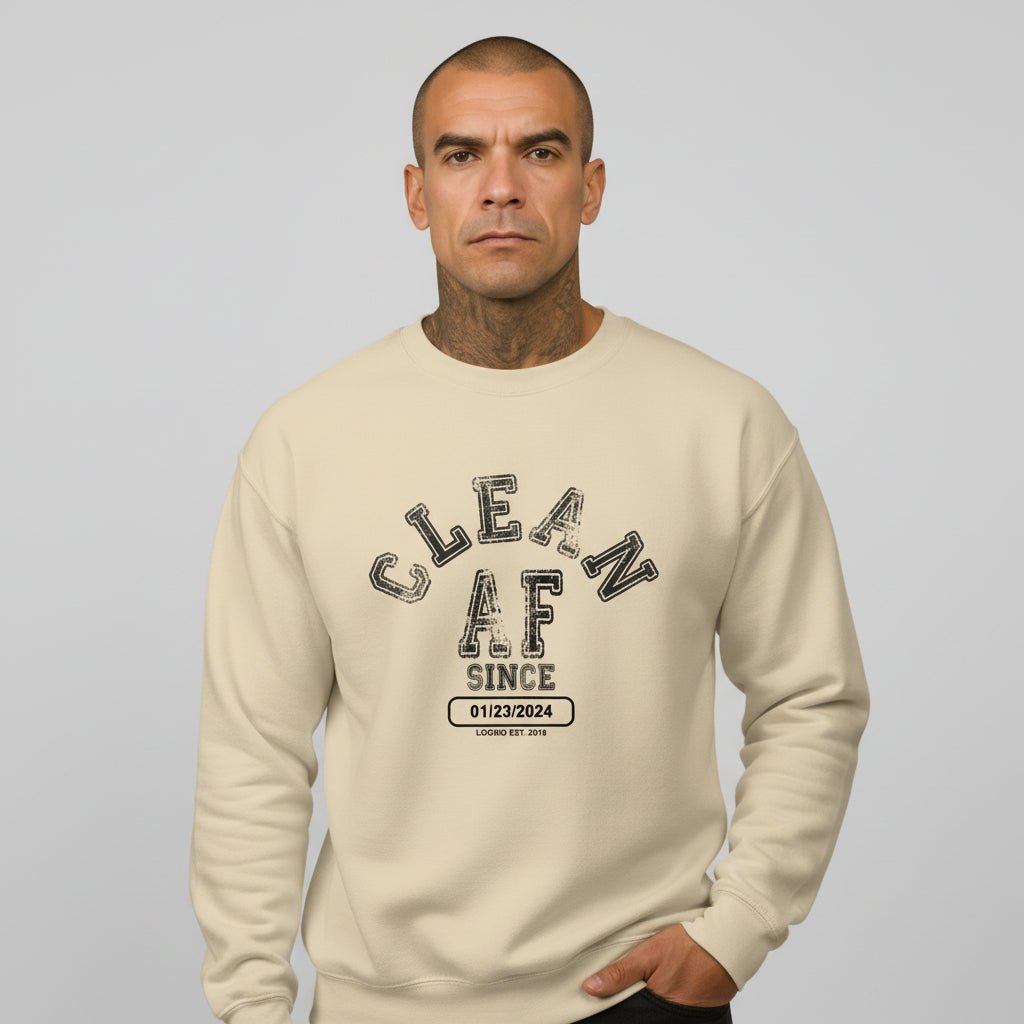 Loosid gray personalized Recovery sweater featuring Clean AF Since collegiate sober clothing crewneck β Loosid