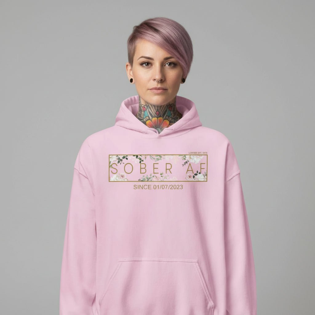 Recovery Hoodie | Women's Sober AF Flower Hoodie with Custom Date