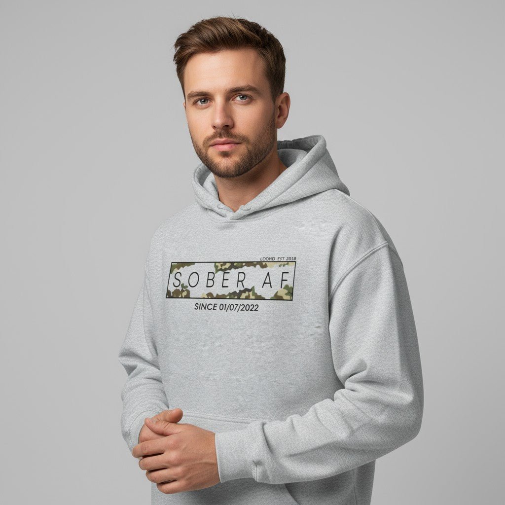 Recovery Hoodie | Men's Sober AF Camo Hoodie with Custom Sober Date