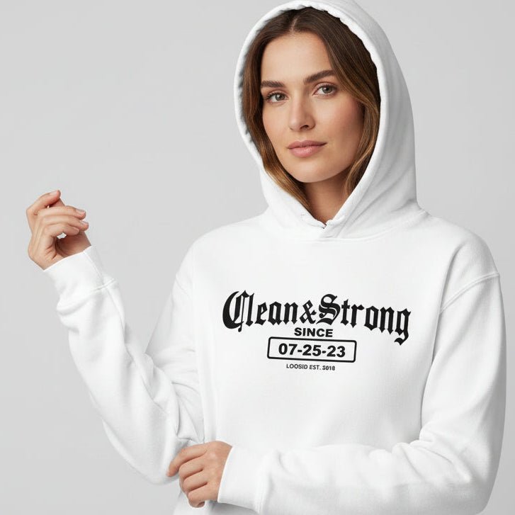 Recovery Hoodie | Women’s Old School Clean & Strong Hoodie with Custom Date