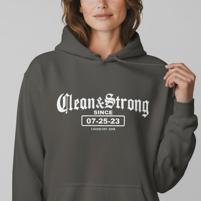 Recovery Hoodie | Women’s Old School Clean & Strong Hoodie with Custom Date