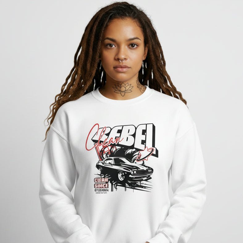 Flat lay of Loosid white Clean Rebel sobriety sweatshirt with personalized Clean Since Recovery date β Loosid