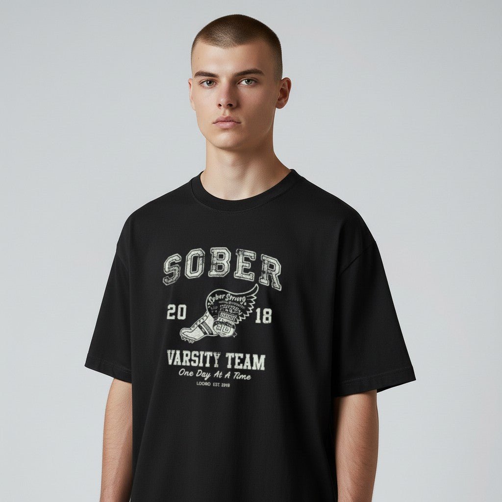 Flat lay of the Sober Varsity Sober T Shirt, a meaningful Sober Shirt