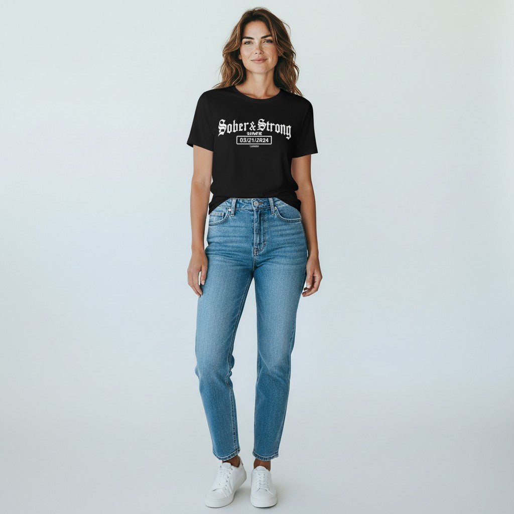 Sober T Shirt | Women’s Old School Sober & Strong Tee with Personalized Sobriety Date