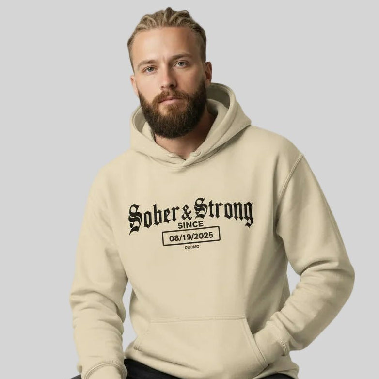 Sober & Strong Old School Recovery Hoodie flat lay styled image (view 33)