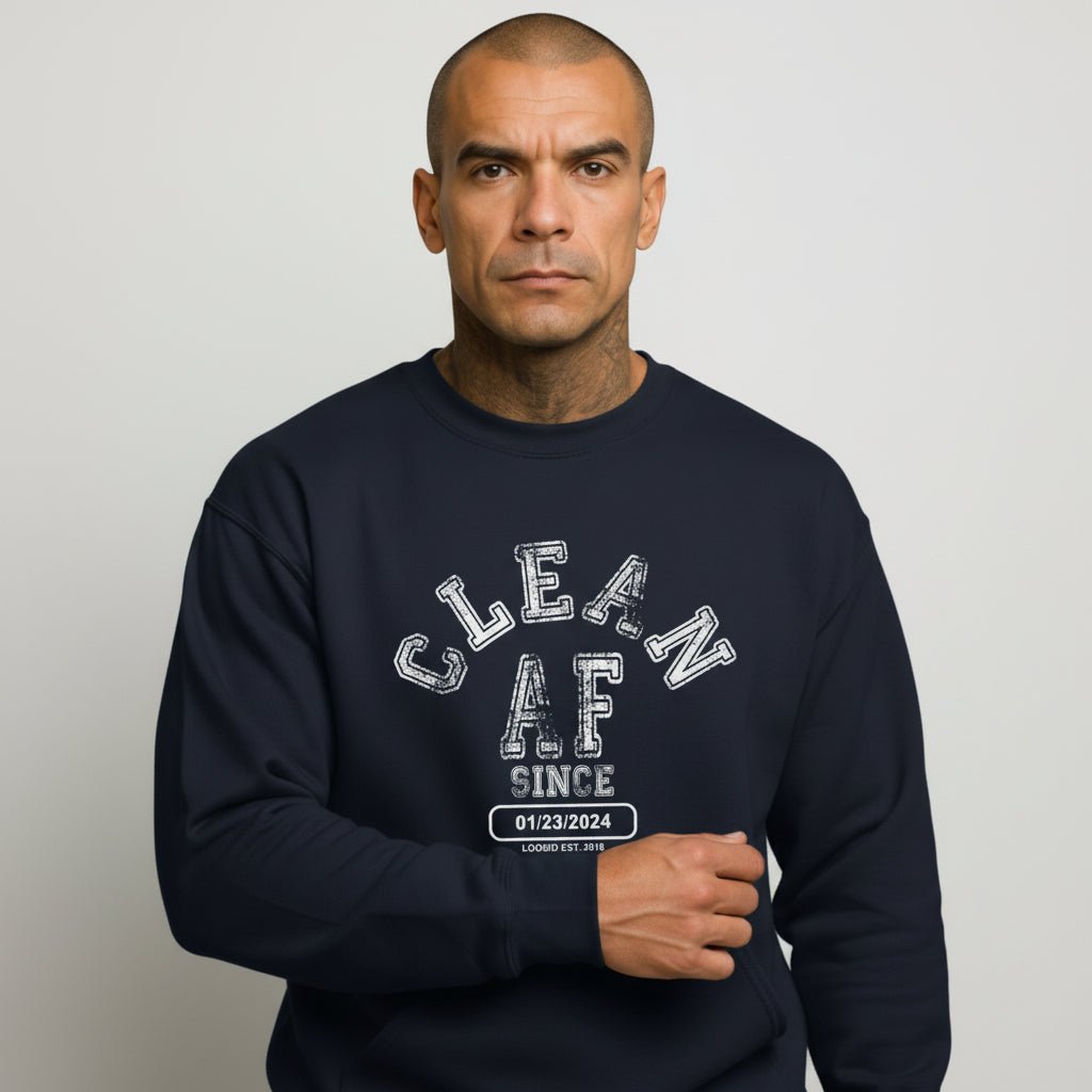 Men's navy Loosid sober apparel crewneck with Clean AF Since personalized Recovery milestone graphic β Loosid