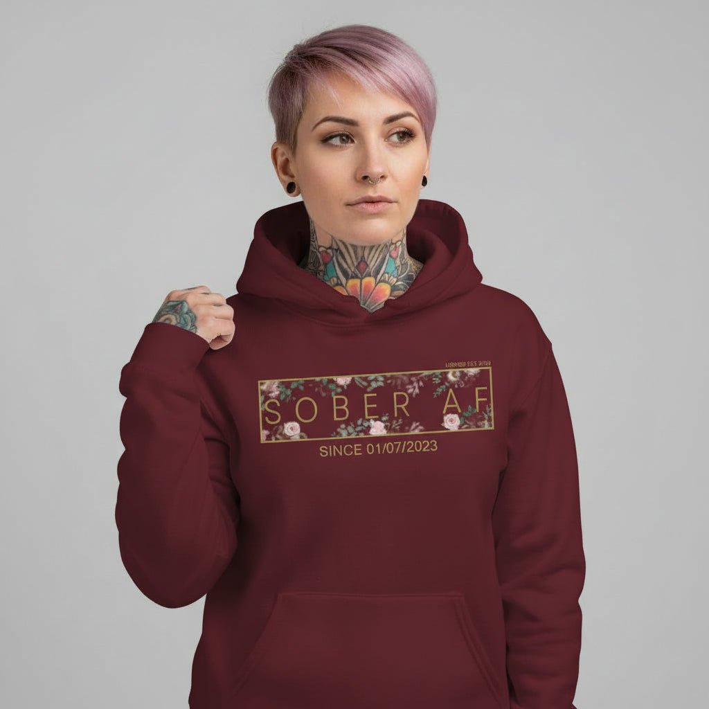 Recovery Hoodie | Women's Sober AF Flower Hoodie with Custom Date