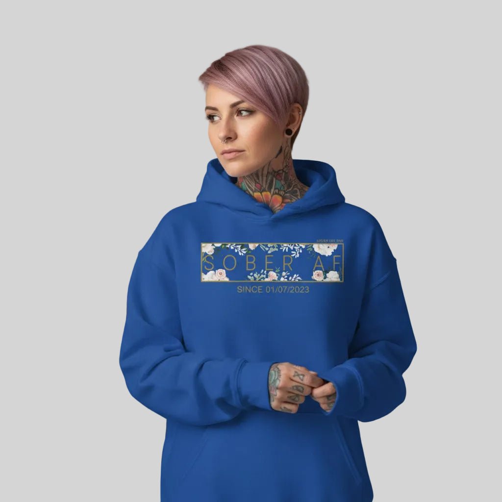 Recovery Hoodie | Women's Sober AF Flower Hoodie with Custom Date