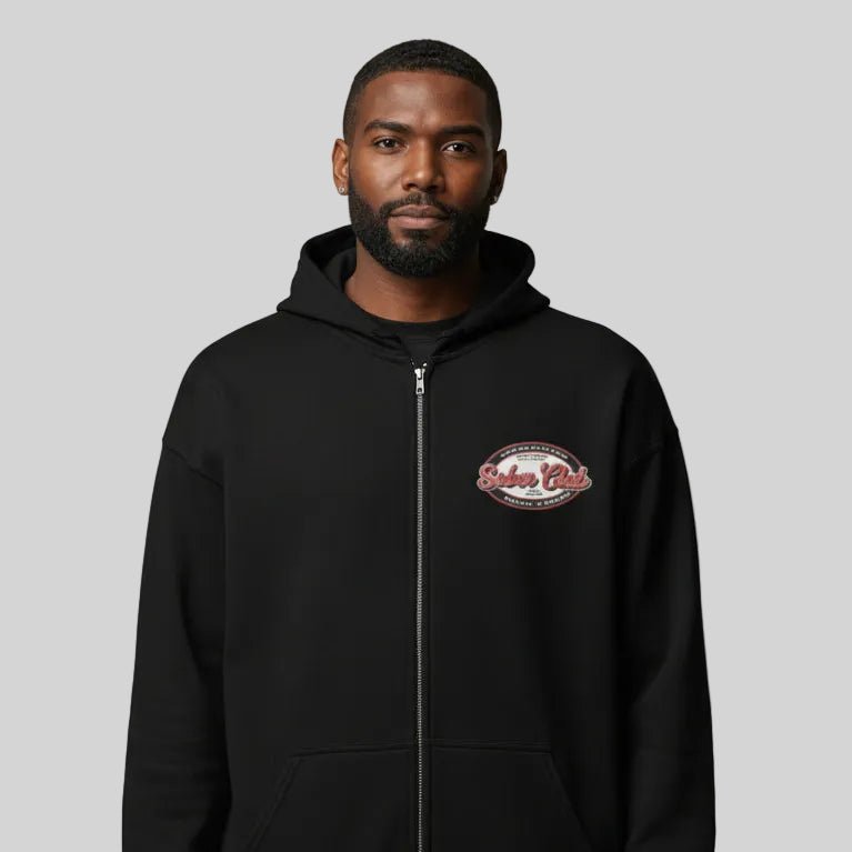 Sober Club Badge Unisex Zip Hoodie Front and Back Print Hoodie with Custom Sobriety Date (Front & Back)