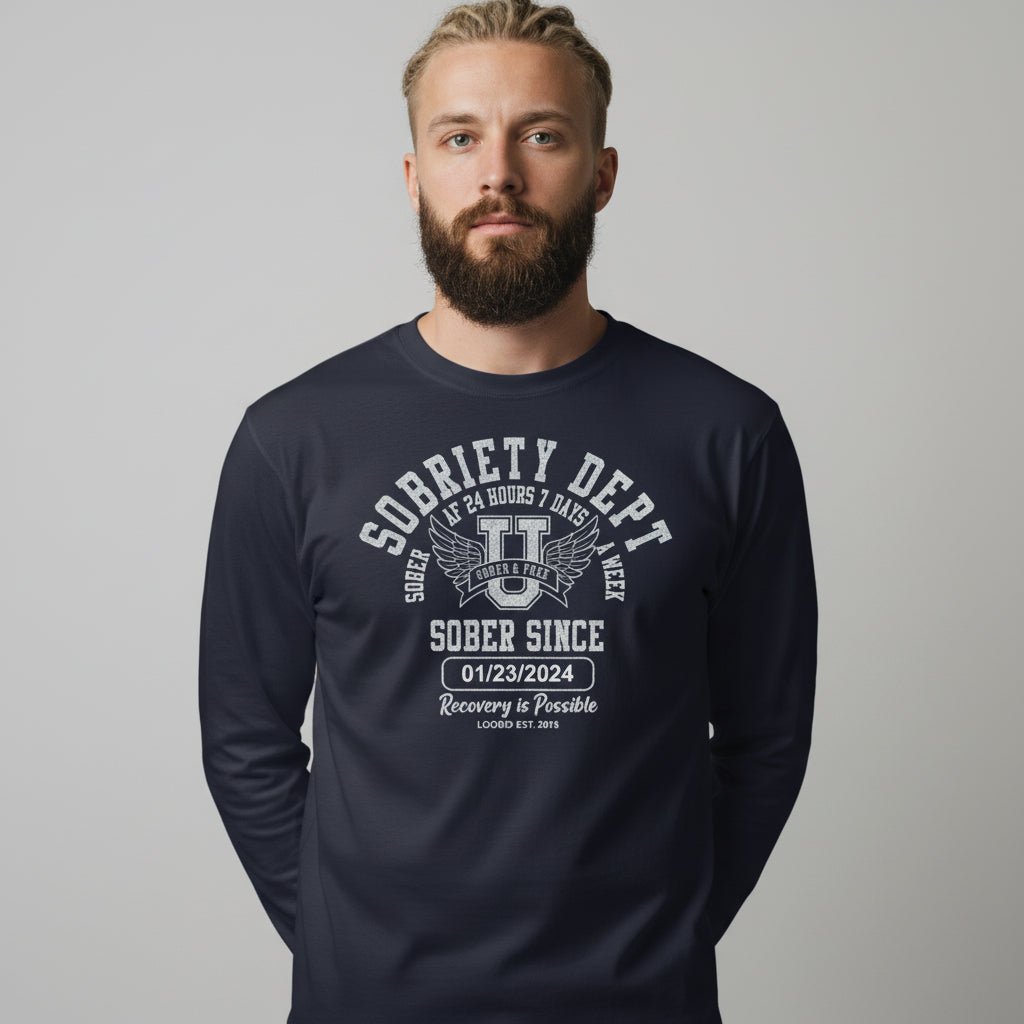 Men's Sobriety Dept Sober AF 24/7 Long Sleeve T-shirt with Custom Sobriety Date