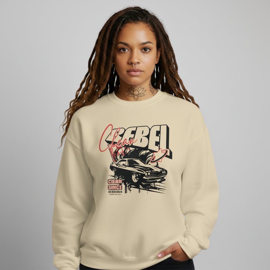 Flat lay of Loosid pink Clean Rebel personalized sobriety sweatshirt with custom Clean Since date β Loosid