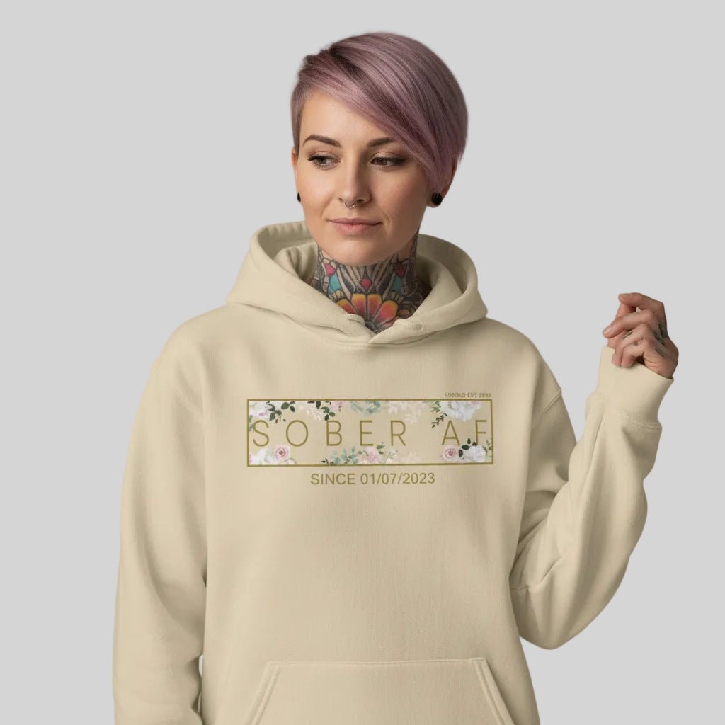 Recovery Hoodie | Women's Sober AF Flower Hoodie with Custom Date