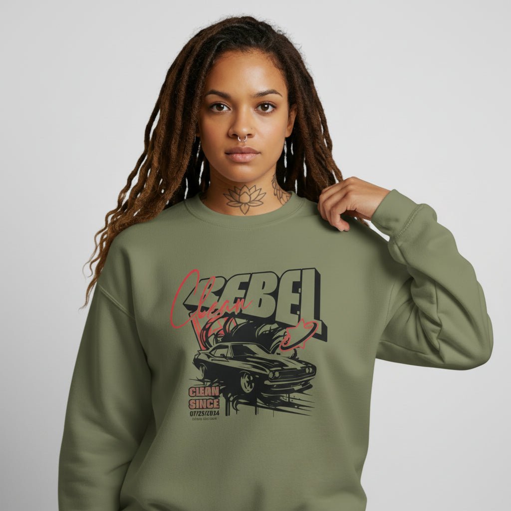 Flat lay of Loosid light blue Clean Rebel personalized sobriety gift crewneck with Recovery date β Loosid