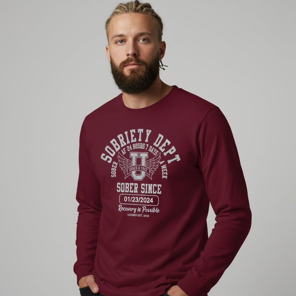Men's Sobriety Dept Sober AF 24/7 Long Sleeve T-shirt with Custom Sobriety Date