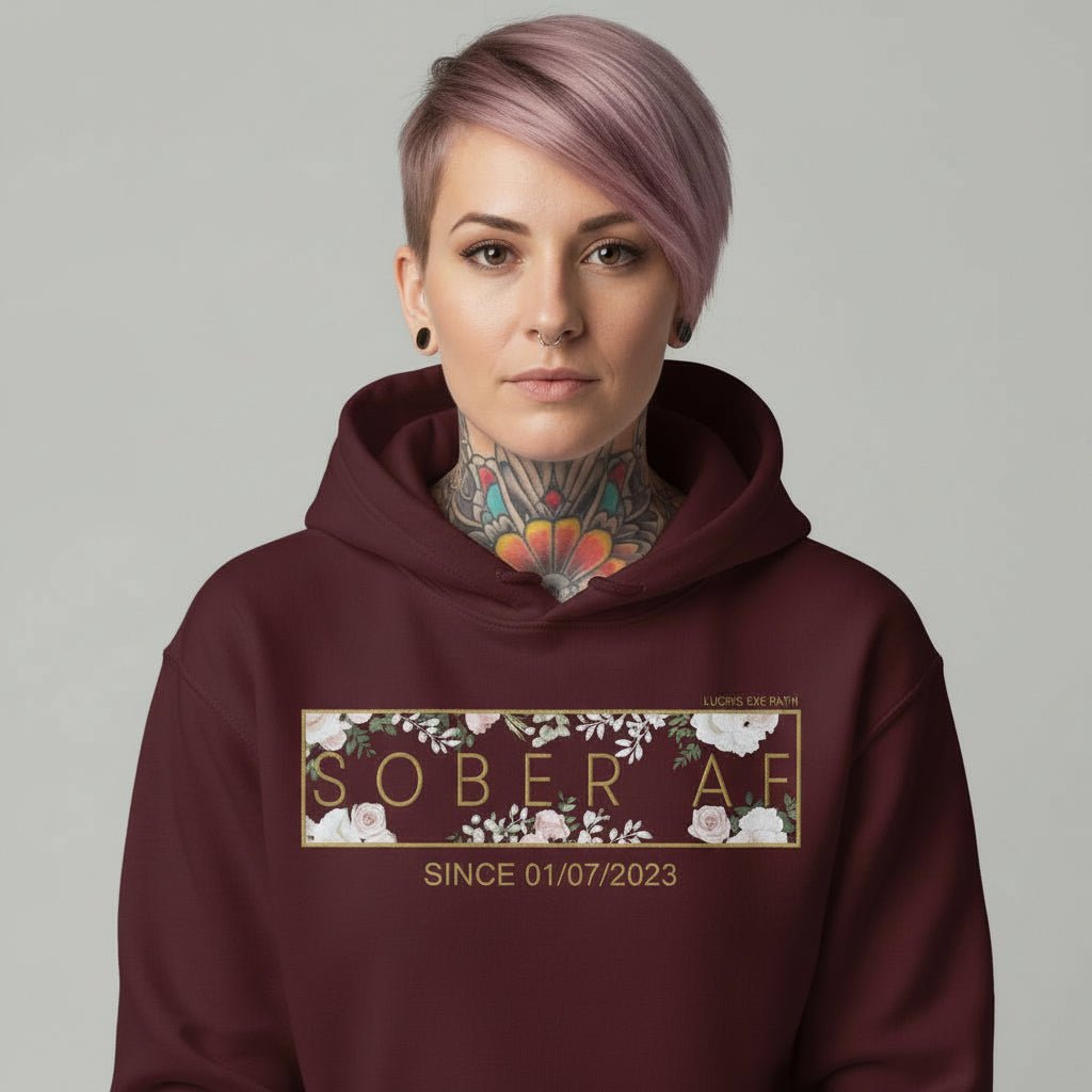 Recovery Hoodie | Women's Sober AF Flower Hoodie with Custom Date