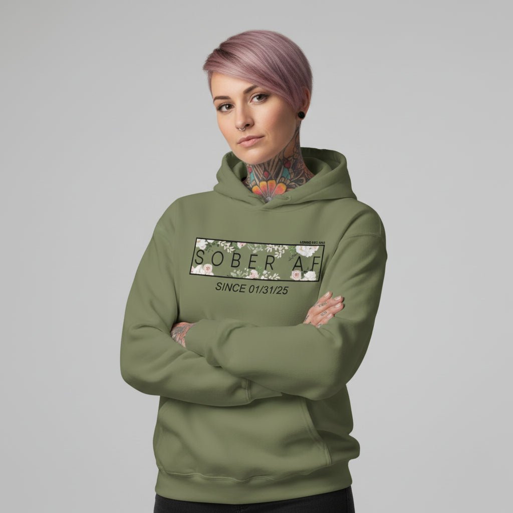 Recovery Hoodie | Women's Sober AF Flower Hoodie with Custom Date