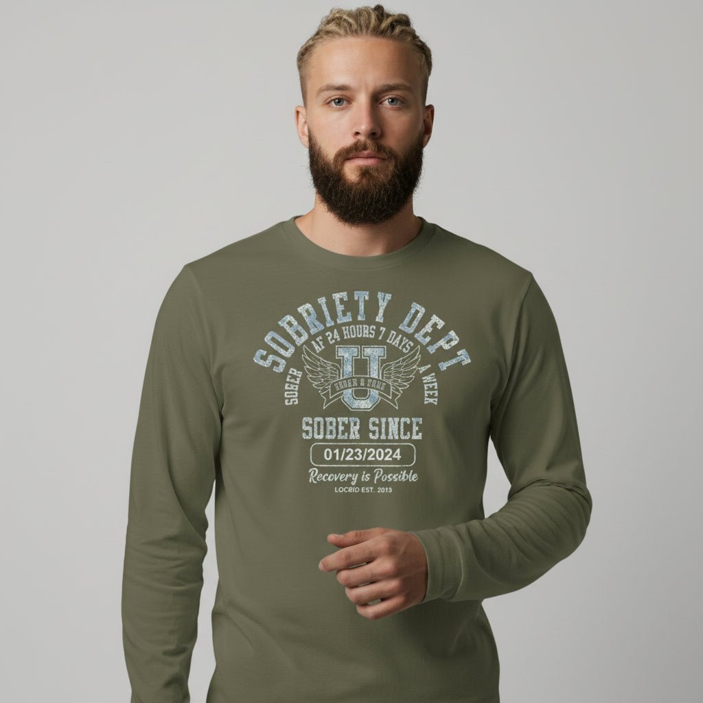 Men's Sobriety Dept Sober AF 24/7 Long Sleeve T-shirt with Custom Sobriety Date