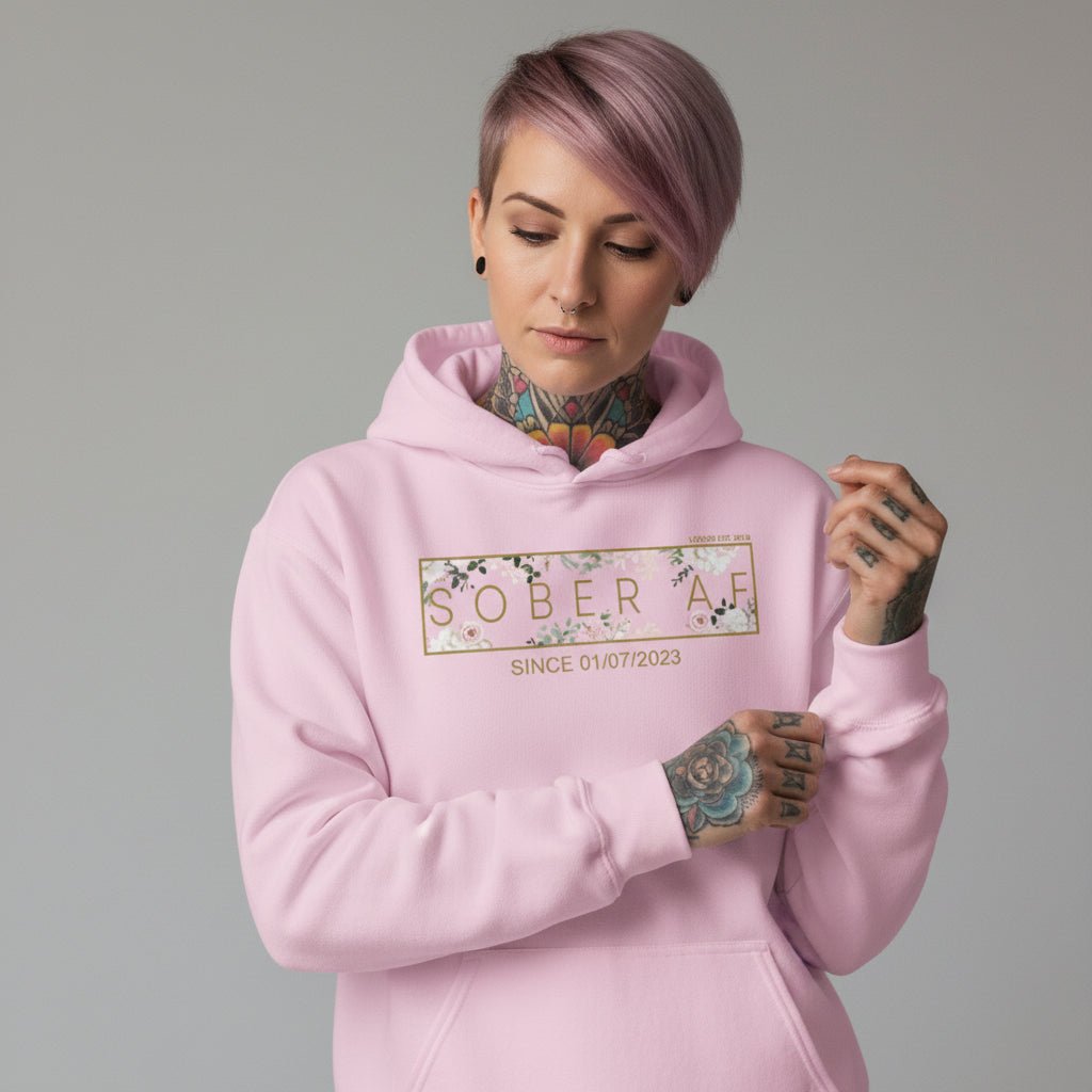 Recovery Hoodie | Women's Sober AF Flower Hoodie with Custom Date