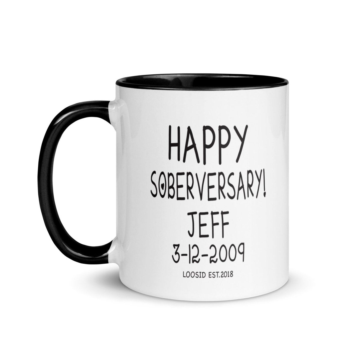 Happy Soberversary Mug with Color Inside Sober Coffee Mug flat lay styled image (view 3)