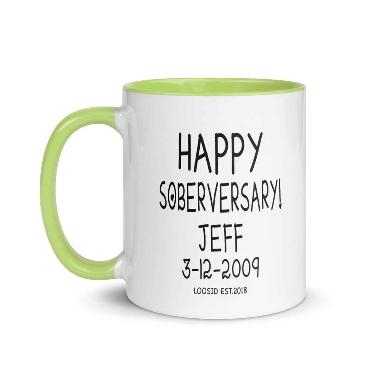 Happy Soberversary Mug with Color Inside Sober Coffee Mug flat lay styled image (view 13)