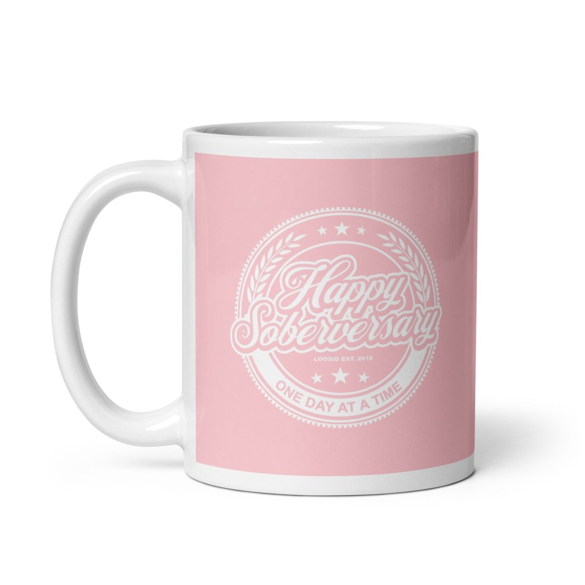 Pink Happy Soberversary Sober Coffee Mug flat lay styled image (view 3)
