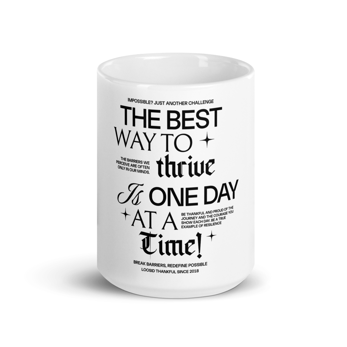 Be Thankful and Thrive White glossy mug