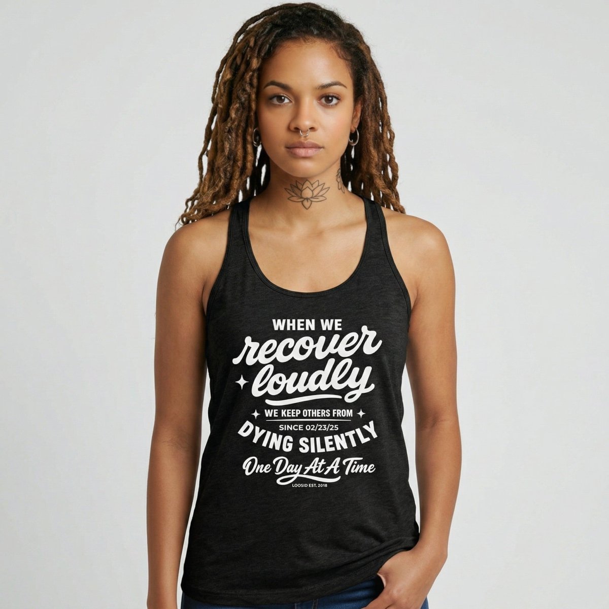Women's When We Recover Loudly Racerback Tank w/ Personalized Sobriety Date Women's