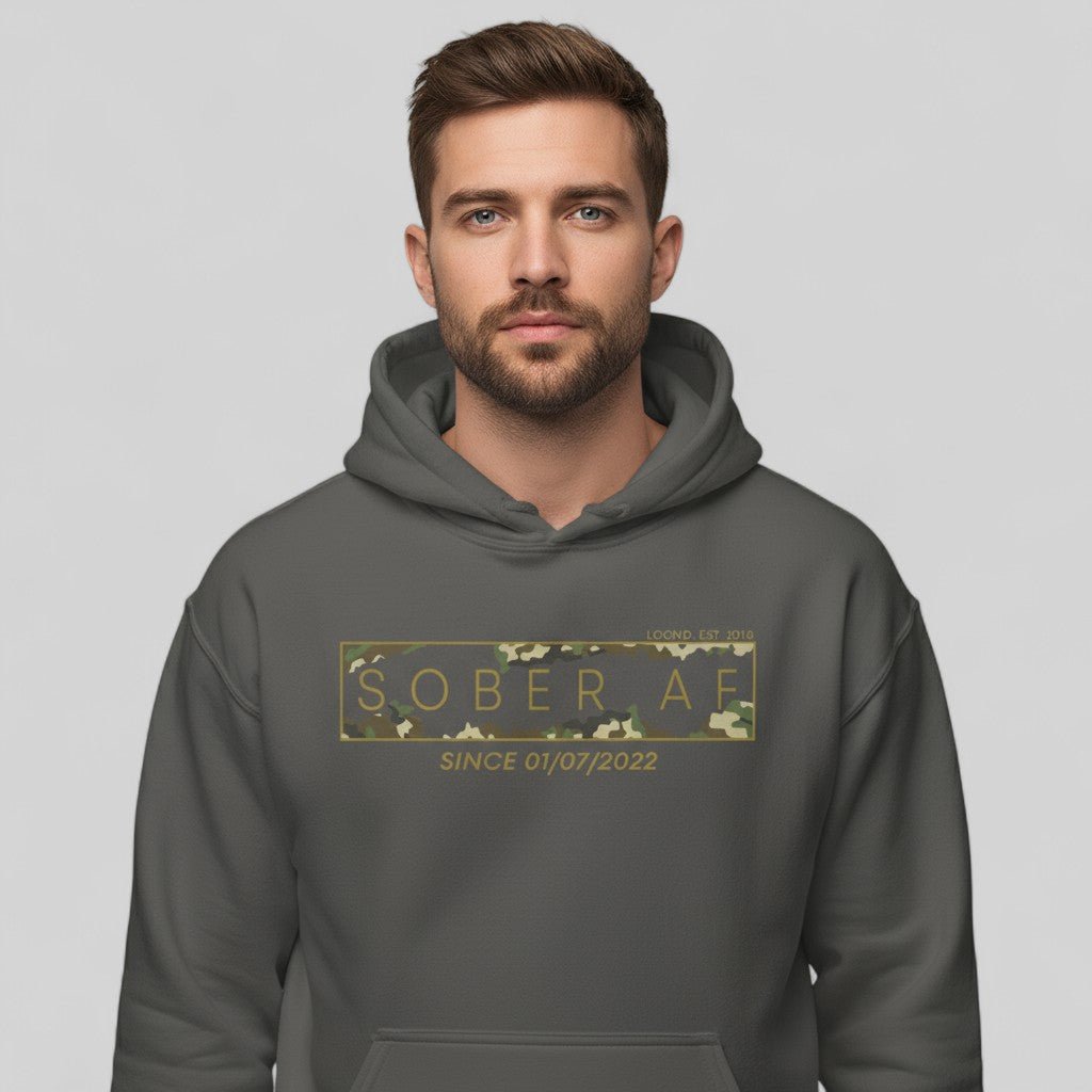 Recovery Hoodie | Men's Sober AF Camo Hoodie with Custom Sober Date