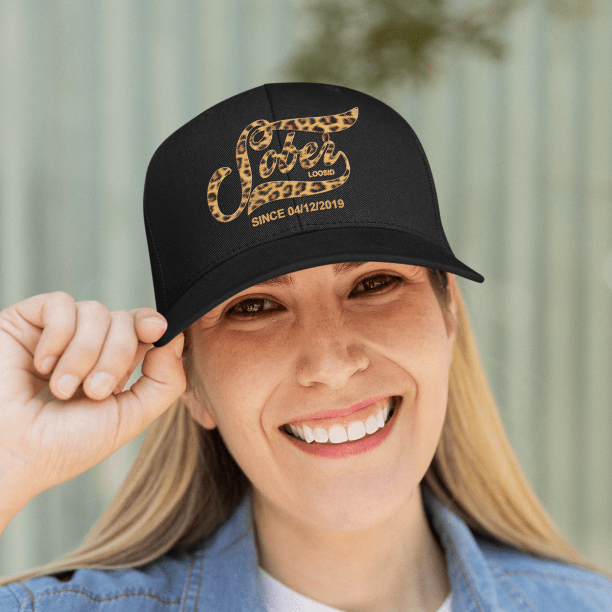 Leopard Sober Since Printed Trucker Cap w/ Personalized Sobriety Date