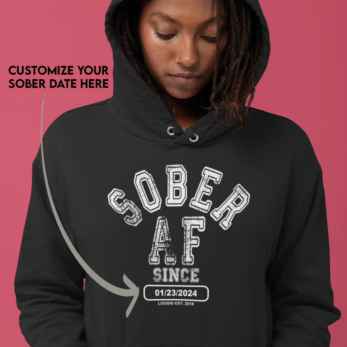 Recovery Hoodie with varsity lettering and personalized sobriety date