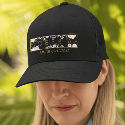 Women's Sober AF Flower Trucker Hat w/ Personalized Sobriety Date