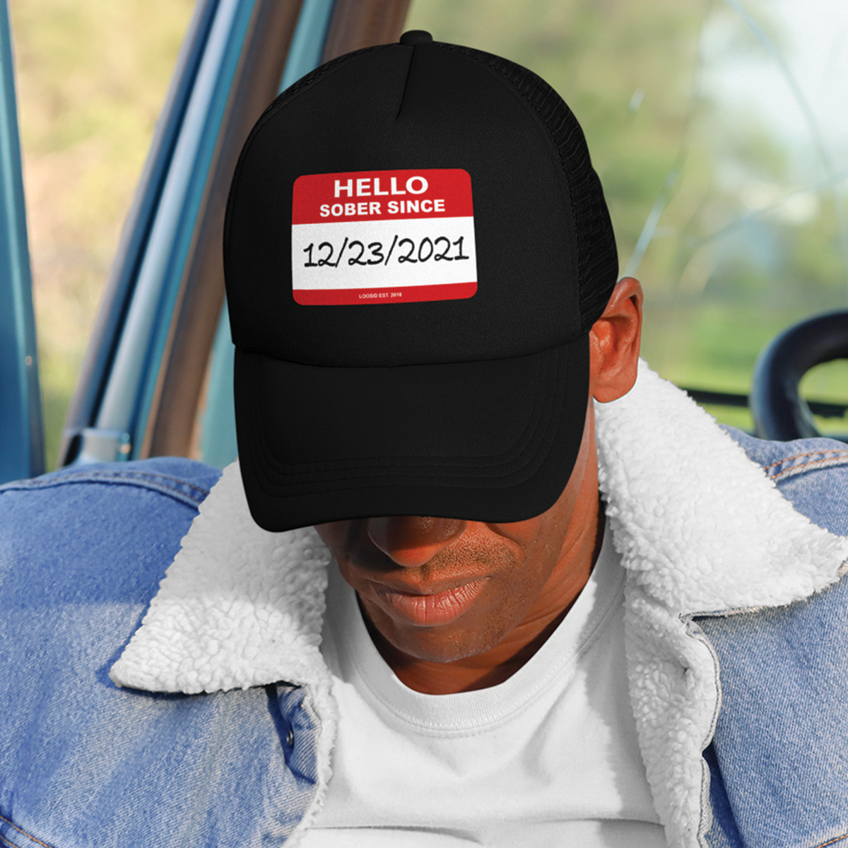 Hello Sober Since Trucker Cap w/ Personalized Sobriety Date