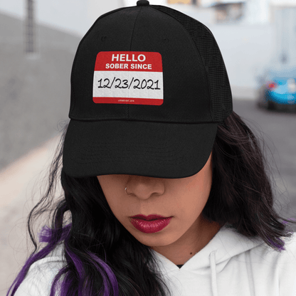 Women's Hello Sober Since Trucker Cap w/ Personalized Sobriety Date