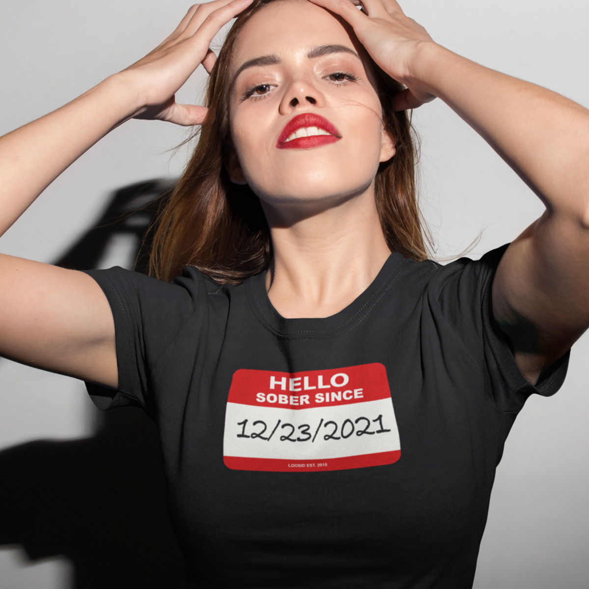 Women’s Hello Sober Since T-Shirt w/ Personalized Sobriety Date