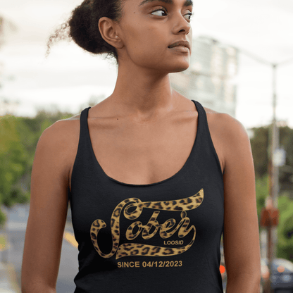 Leopard Sober Since Racerback Tank w/ Personalized Sobriety Date