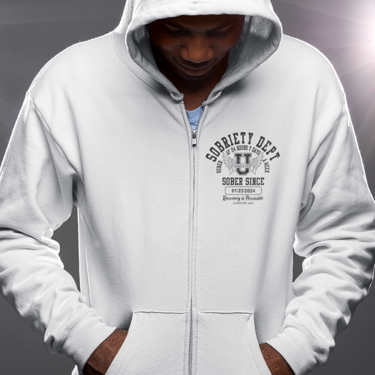 Sobriety Dept Hoodie – Sober AF 24/7 with Custom Sobriety Date