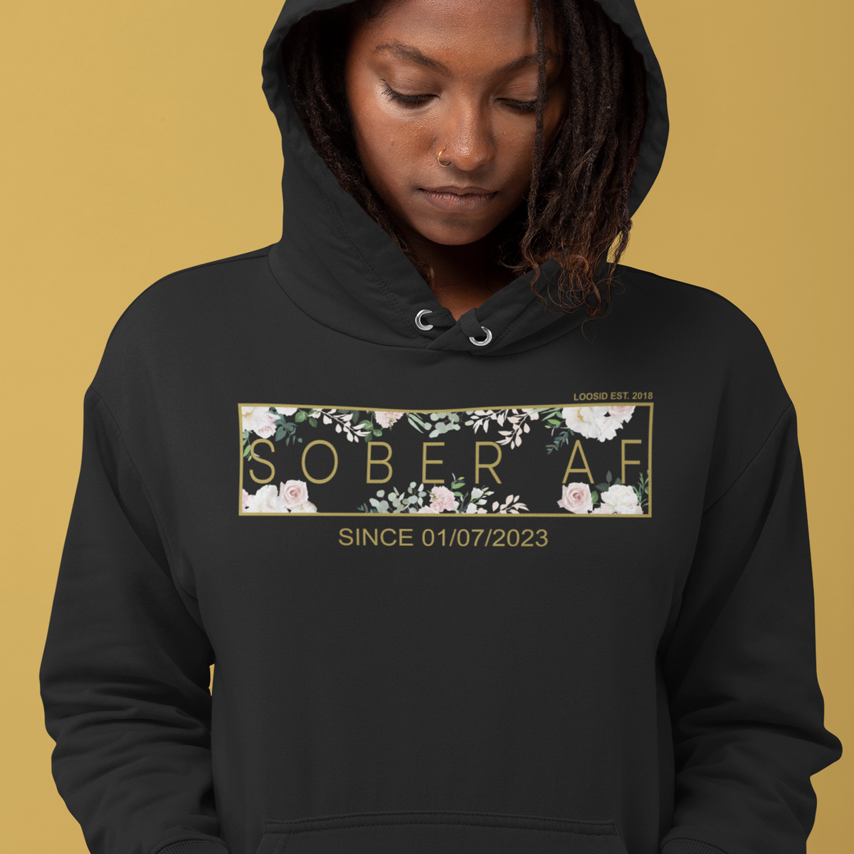 Women's Sober AF Flower Hoodie w/ Personalized Sobriety Date