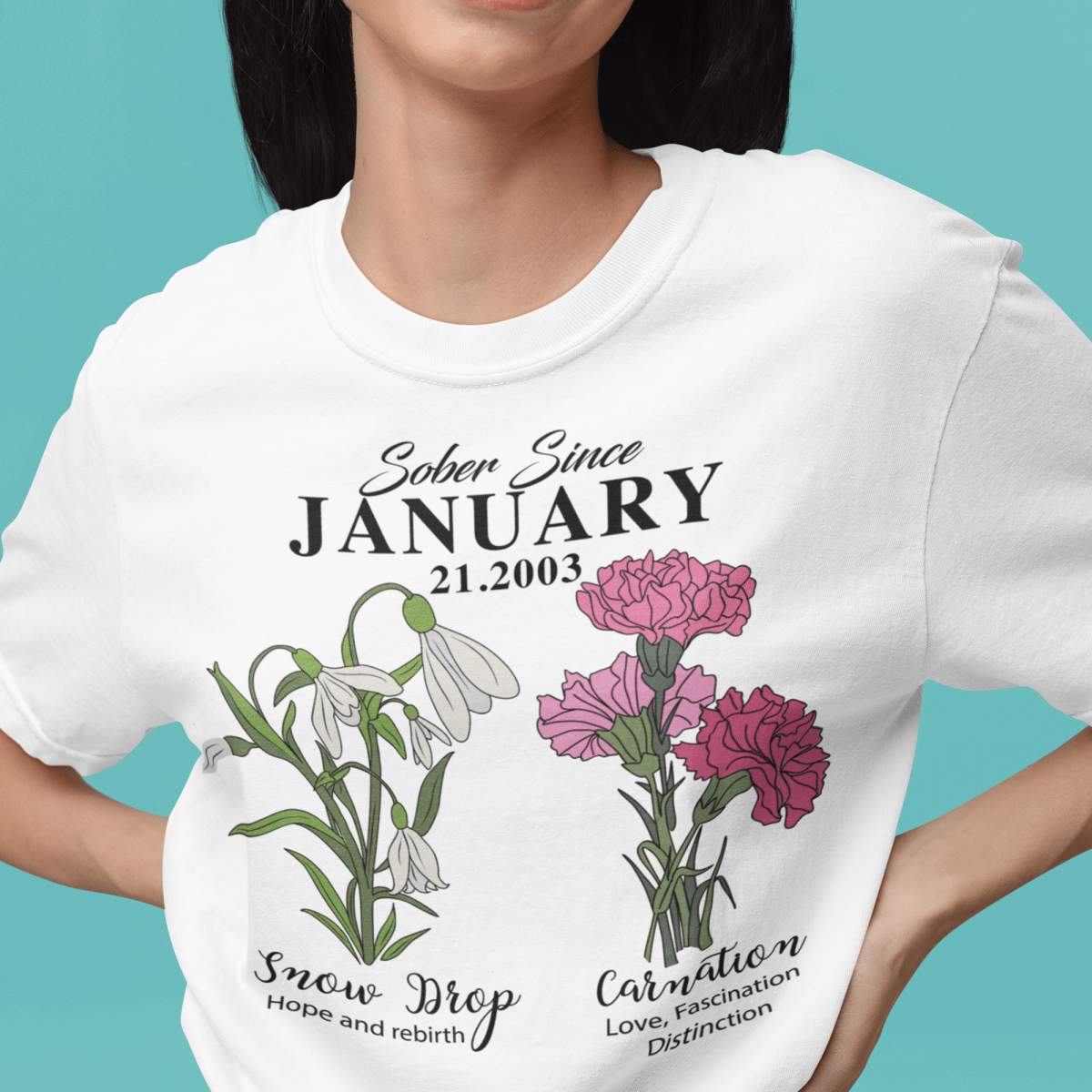 Sober Since Monthly Flower Tee – Personalized with Your Sober Date