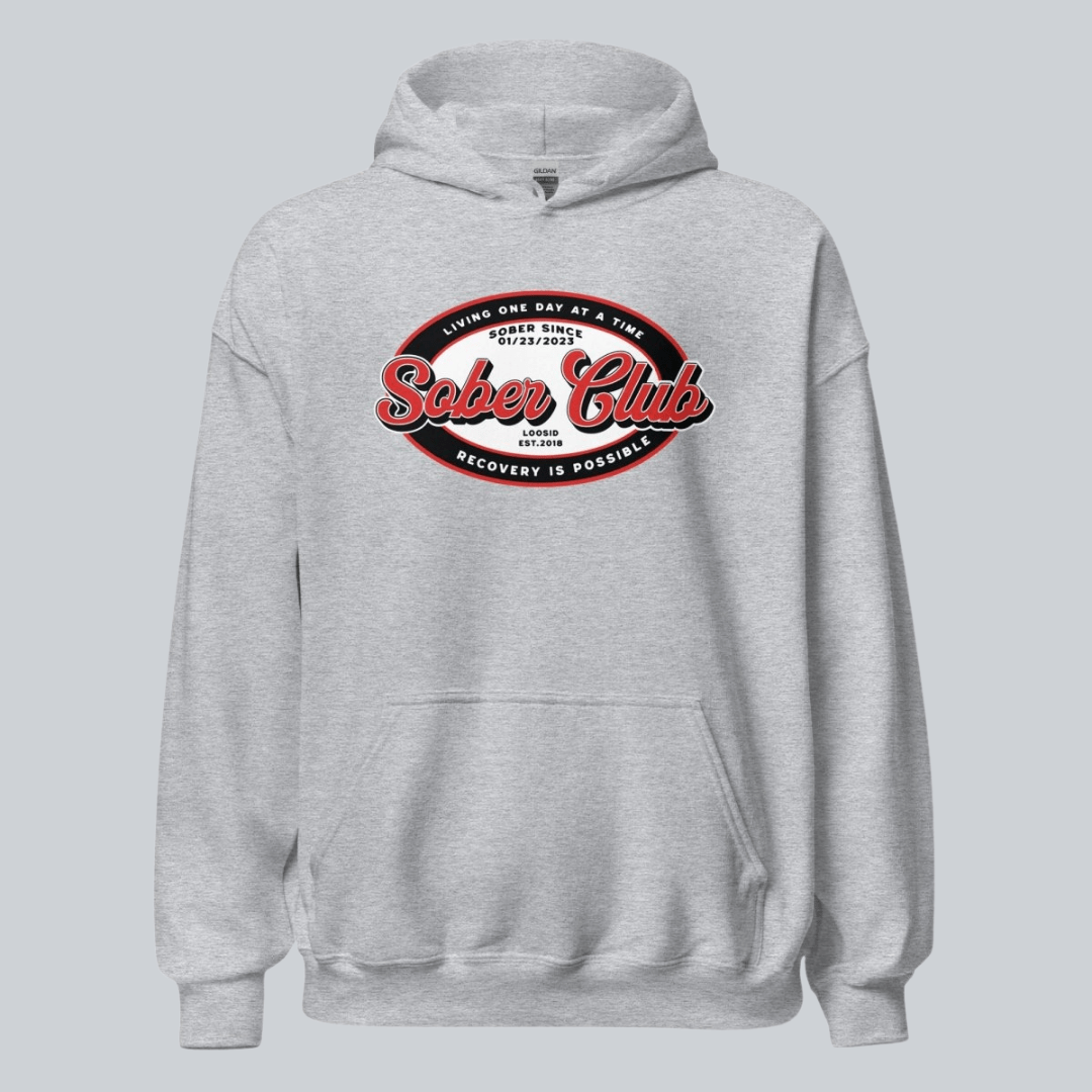 Sober Club Badge Unisex Hoodie with Custom Sobriety Date