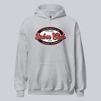 Sober Club Badge Unisex Hoodie with Custom Sobriety Date