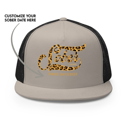 Leopard Sober Since Printed Trucker Cap w/ Personalized Sobriety Date
