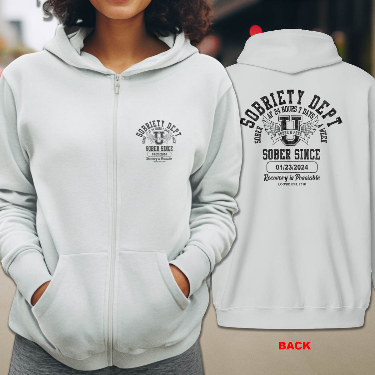 Sobriety Dept Zip Hoodie – Sober AF 24/7 with Custom Sobriety Date